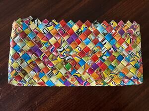 Multicolored Clutch Novelty Zippered Handbag Woven From Recycled Candy Wrappers